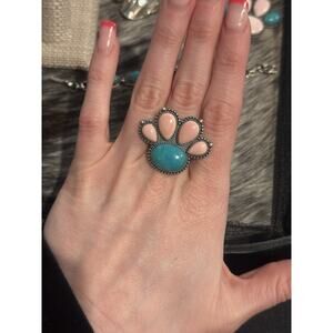 925 Southwest Sterling Silver Queen Pink Conch Turquoise Paw Cluster Ring💗Sz 7